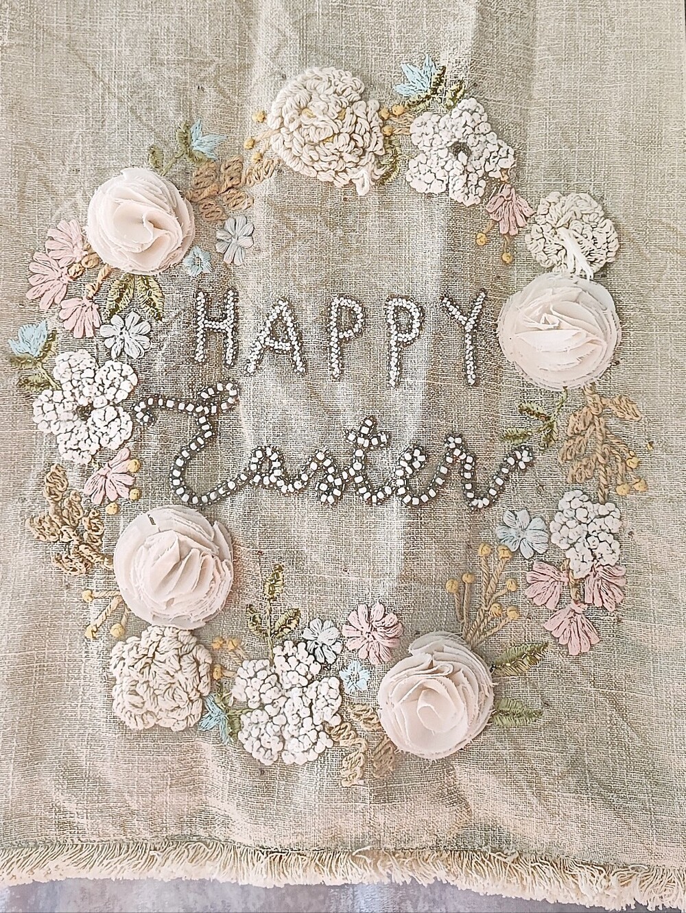 Rachel Ashwell Beaded Embroidered French Knot Easter Table Runner Yarn NWOT